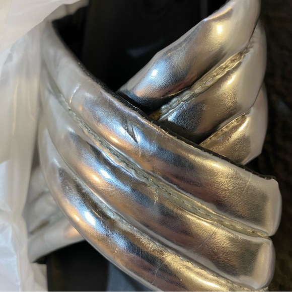 JustFab slides in 11, see pic for scuff on strap, light wear GUC fun puffy strap - Picture 5 of 6